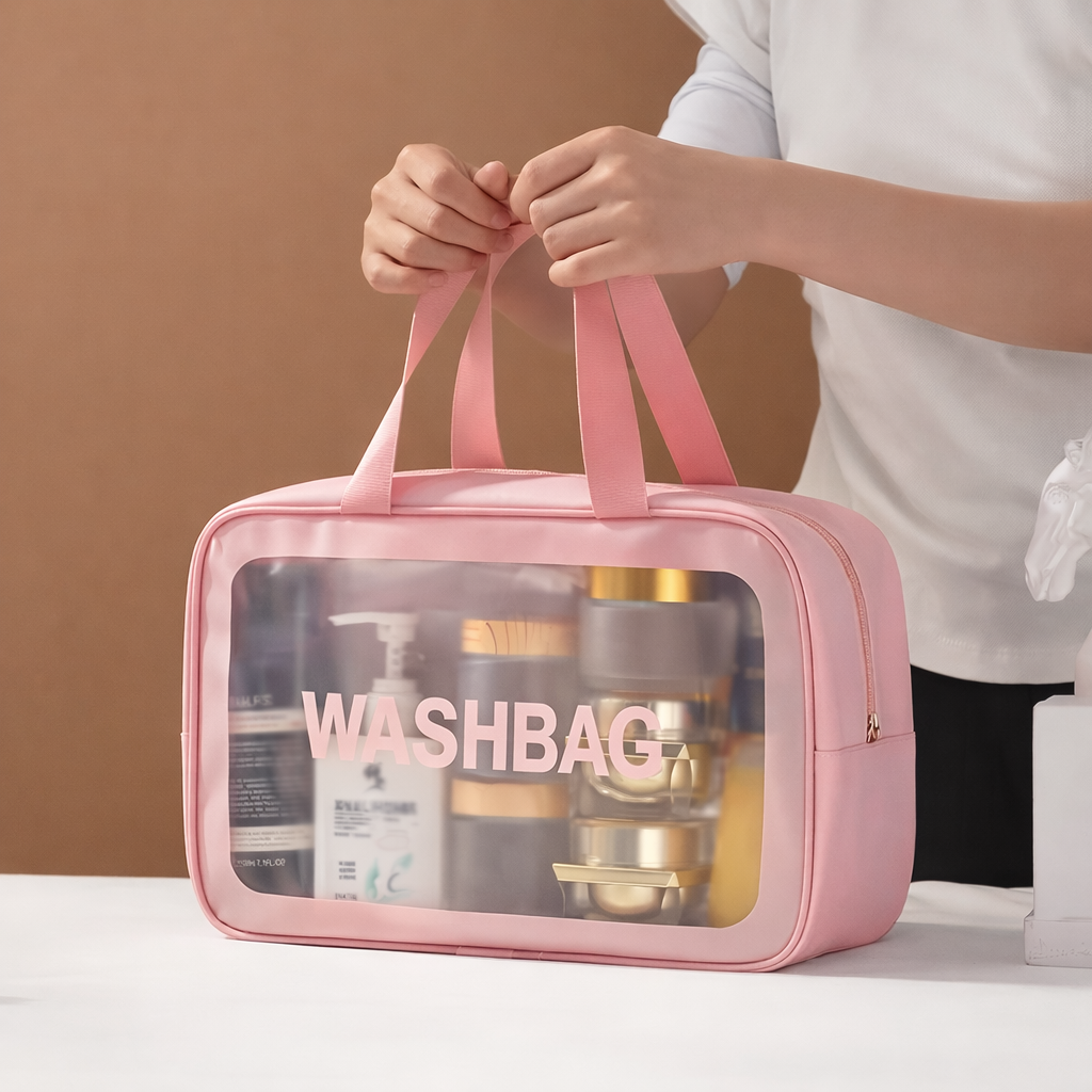 Trousse de toilette transparente et étanche à double compartiment