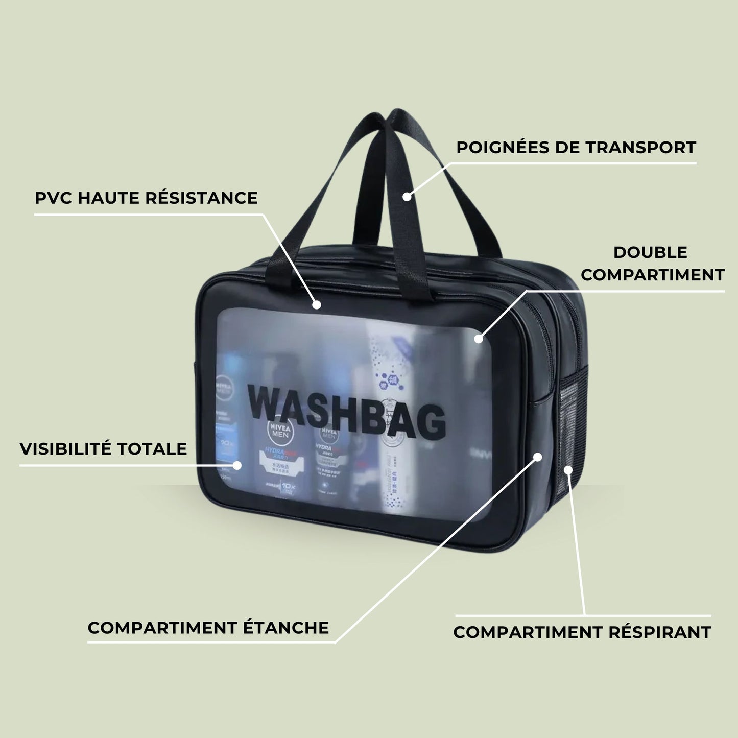 Trousse de toilette transparente et étanche à double compartiment