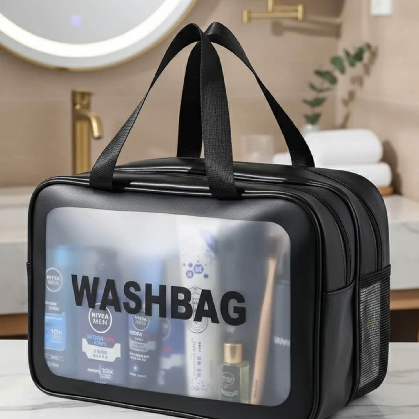 Trousse de toilette transparente et étanche à double compartiment