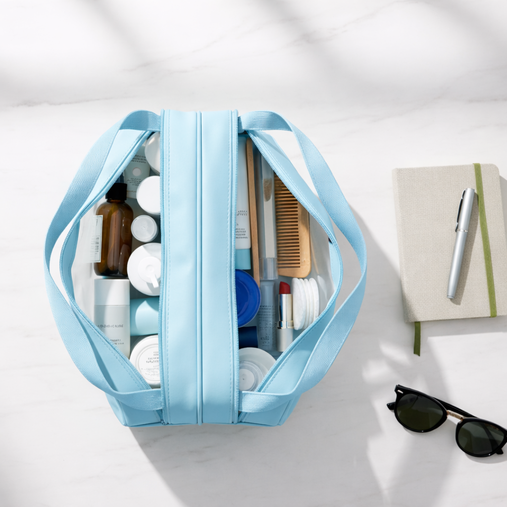 Trousse de toilette transparente et étanche à double compartiment